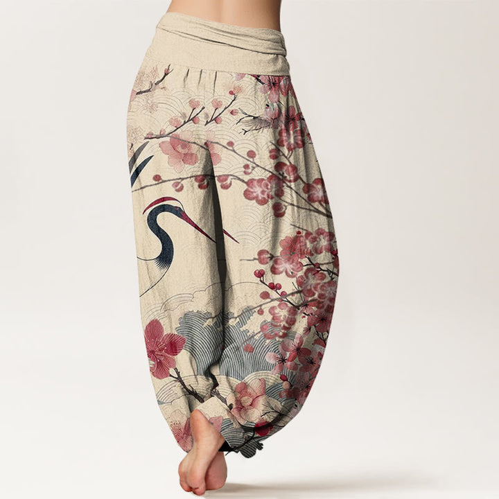 Buddha Stones Casual Crane Cherry Blossom Design Pattern Women's Elastic Waist Harem Pants - image 9