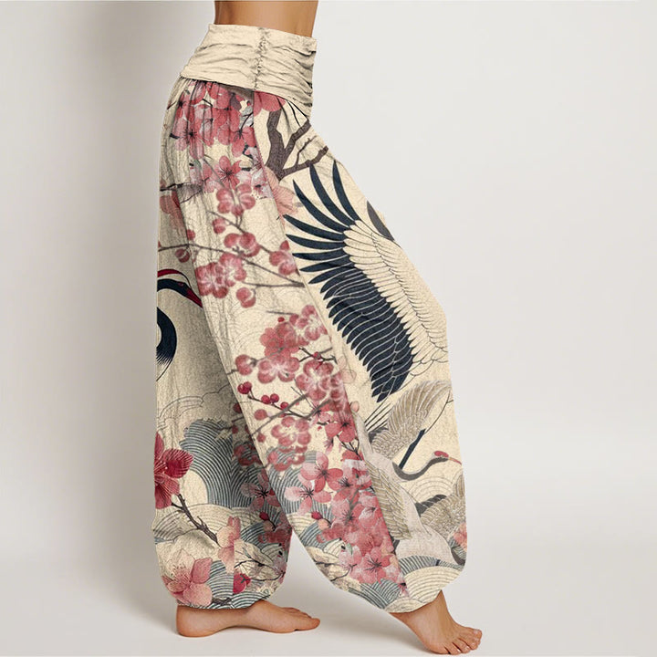 Buddha Stones Casual Crane Cherry Blossom Design Pattern Women's Elastic Waist Harem Pants - image 8