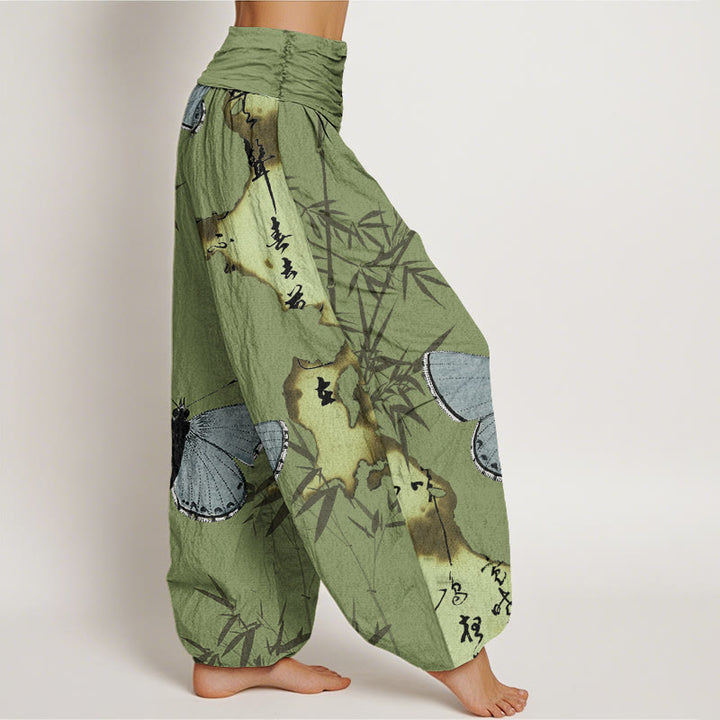 Buddha Stones Casual Butterfly Bamboo Leaf Calligraphy Pattern Women's Elastic Waist Harem Pants - image 1