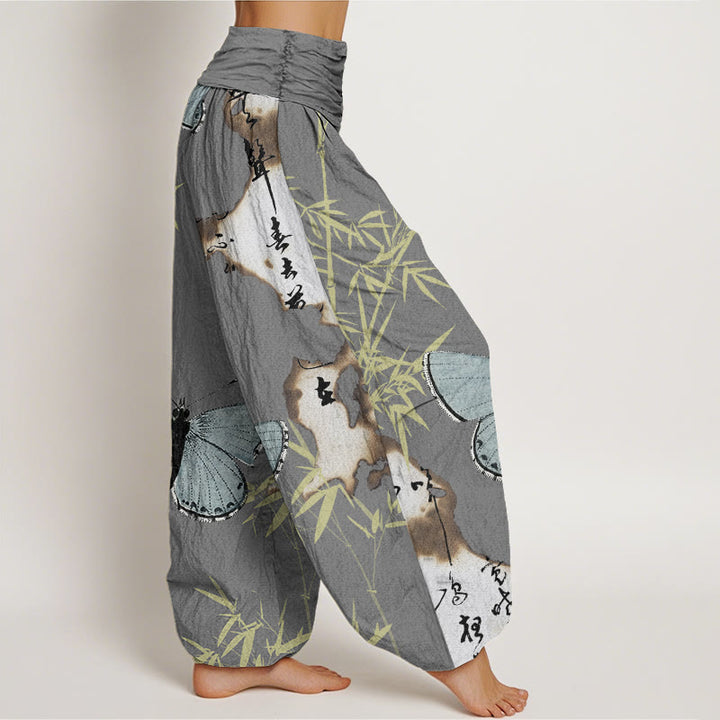 Buddha Stones Cotton Casual Butterfly Bamboo Leaf Calligraphy Pattern Women's Elastic Waist Harem Pants - image 5