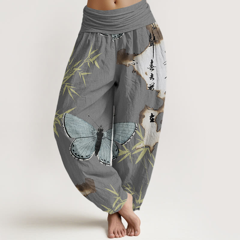 Buddha Stones Casual Butterfly Bamboo Leaf Calligraphy Pattern Women's Elastic Waist Harem Pants - DarkGray - US22，UK/AU26，EU54 (6XL) - image 4