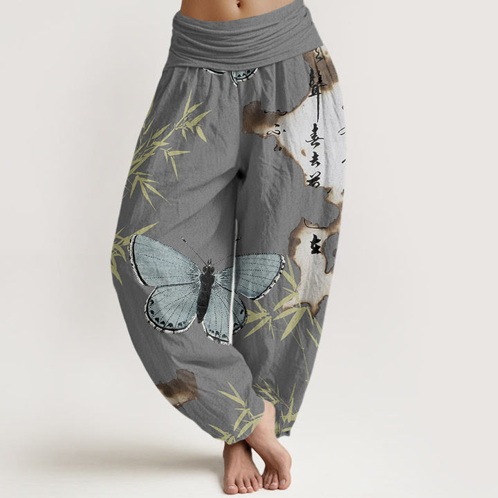 Buddha Stones Casual Butterfly Bamboo Leaf Calligraphy Pattern Women's Elastic Waist Harem Pants - DarkGray - US22，UK/AU26，EU54 (6XL) - image 4