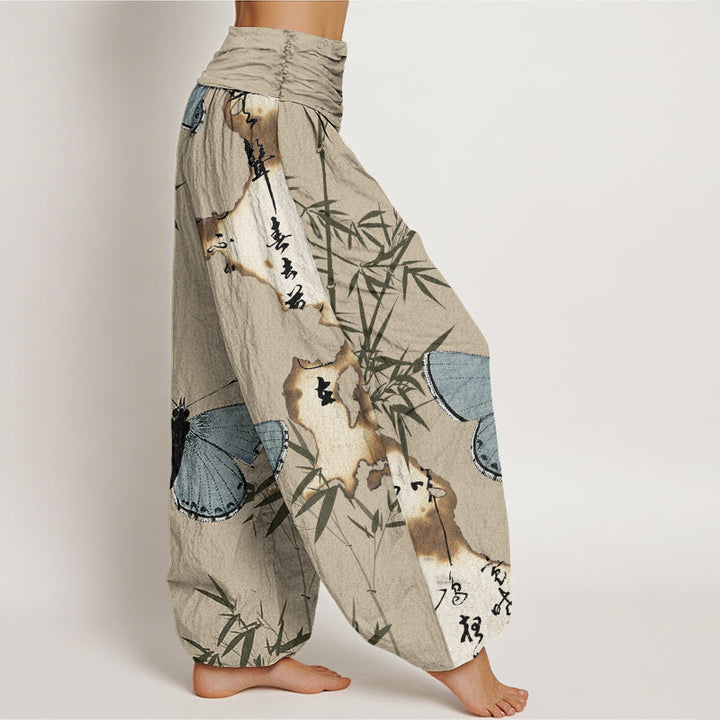 Buddha Stones Casual Butterfly Bamboo Leaf Calligraphy Pattern Women's Elastic Waist Harem Pants - image 8