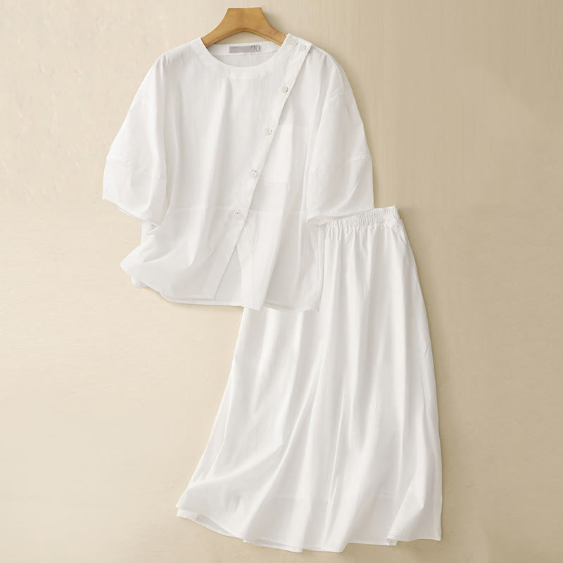 Buddha Stones 2pcs Irregular Button Half Sleeve Shirt Skirt With Pockets Cotton Clothing Women's Set - White - US8-10，UK/AU12-14，EU40-42 (2XL) - image 15