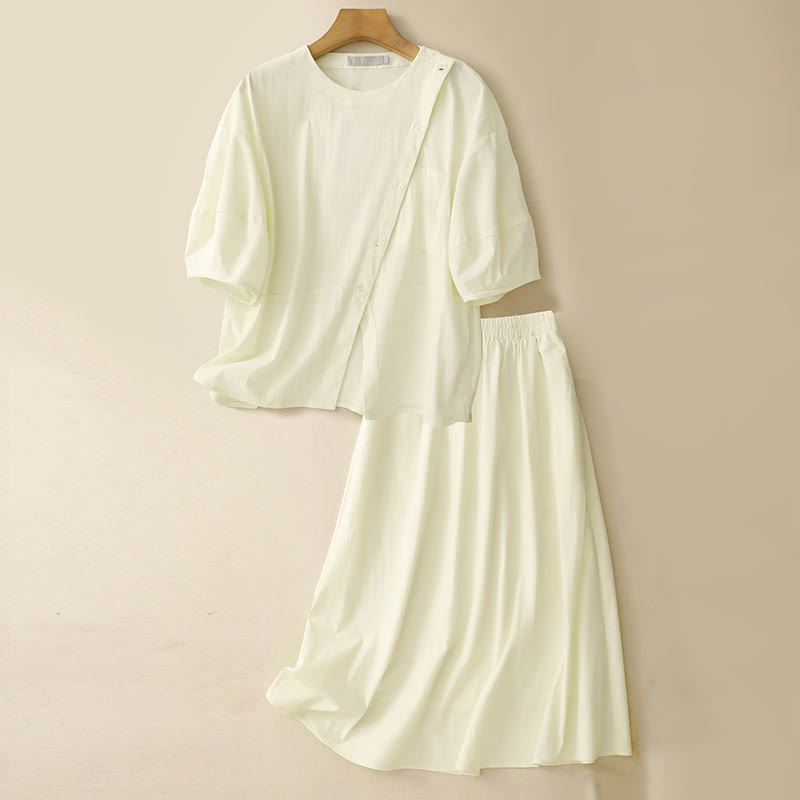 Buddha Stones 2pcs Irregular Button Half Sleeve Shirt Skirt With Pockets Cotton Clothing Women's Set - LightYellow - US8-10，UK/AU12-14，EU40-42 (2XL) - image 22