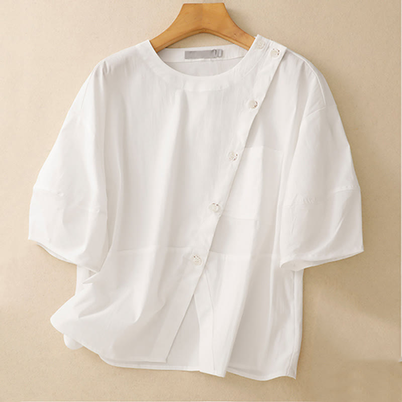 Buddha Stones 2pcs Irregular Button Half Sleeve Shirt Skirt With Pockets Cotton Clothing Women's Set - image 16