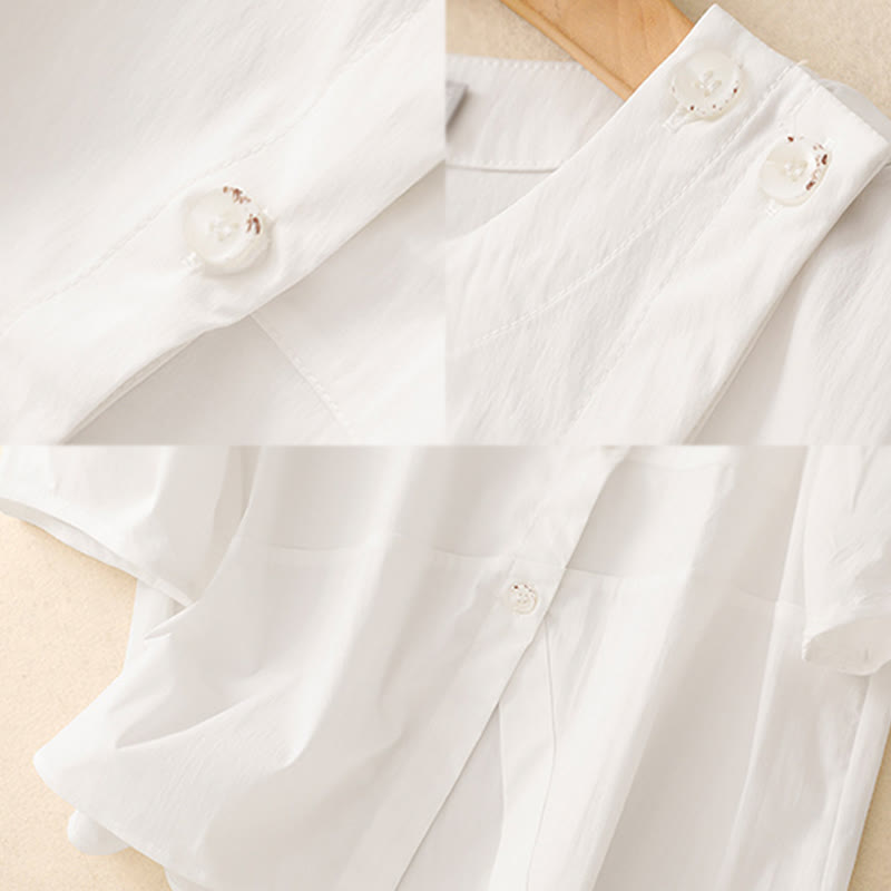 Buddha Stones 2pcs Irregular Button Half Sleeve Shirt Skirt With Pockets Cotton Clothing Women's Set - image 20