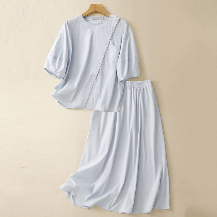Buddha Stones 2pcs Irregular Button Half Sleeve Shirt Skirt With Pockets Cotton Clothing Women's Set - LightBlue - US8-10，UK/AU12-14，EU40-42 (2XL) - image 1