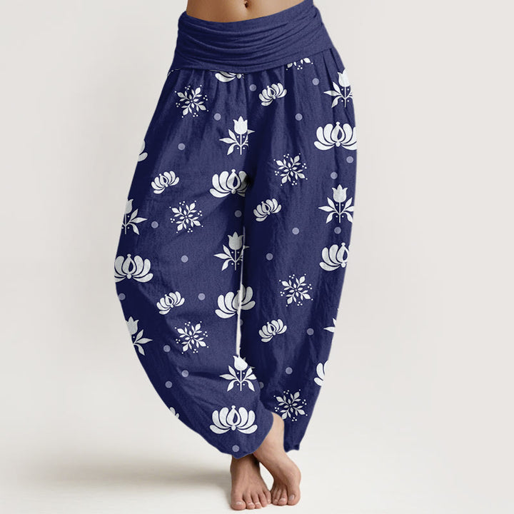 Buddha Stones Casual Lotus Small Dots Pattern Women's Elastic Waist Harem Pants - DarkBlue - US22，UK/AU26，EU54 (6XL) - image 0