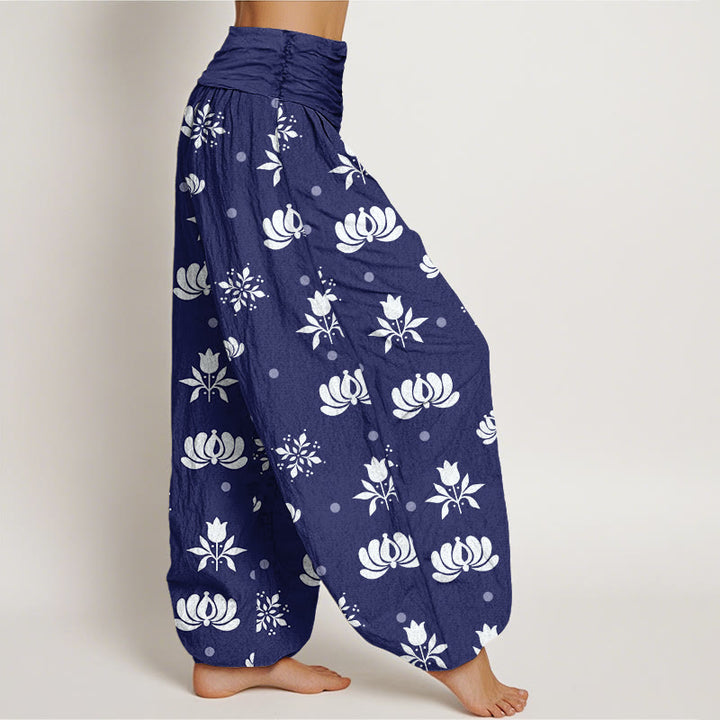 Buddha Stones Casual Lotus Small Dots Pattern Women's Elastic Waist Harem Pants - image 1