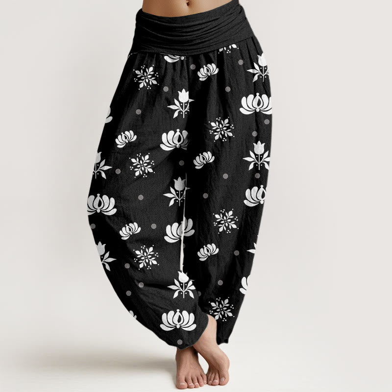 Buddha Stones Casual Lotus Small Dots Pattern Women's Elastic Waist Harem Pants - Black - US22，UK/AU26，EU54 (6XL) - image 7