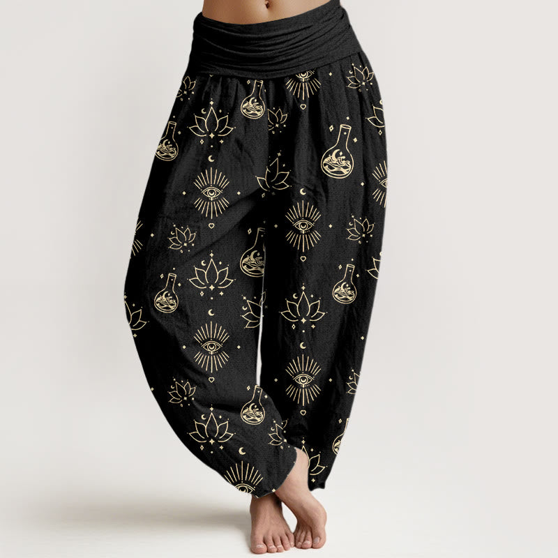 Buddha Stones Casual Lotus Eye Of Horus Pattern Women's Elastic Waist Harem Pants - Black - US22，UK/AU26，EU54 (6XL) - image 0