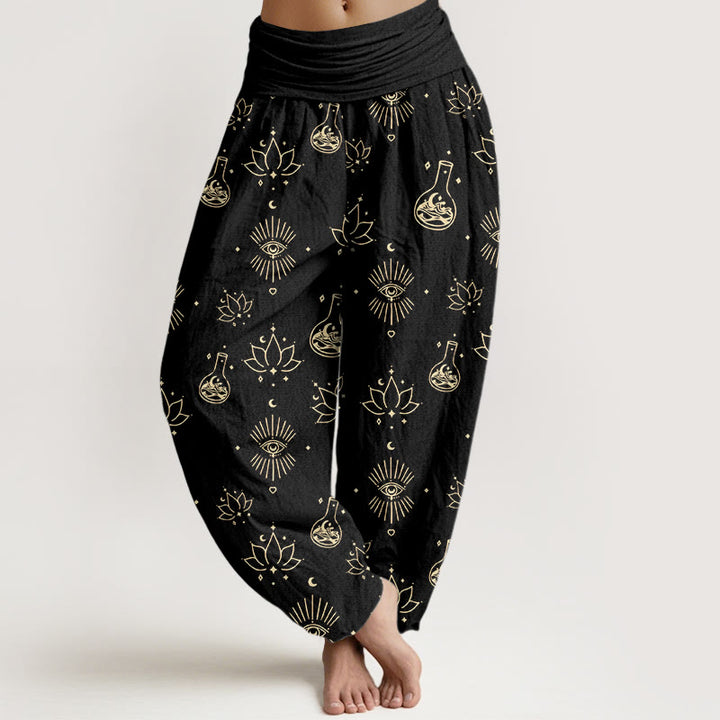 Buddha Stones Casual Lotus Eye Of Horus Pattern Women's Elastic Waist Harem Pants - Black - US22，UK/AU26，EU54 (6XL) - image 0
