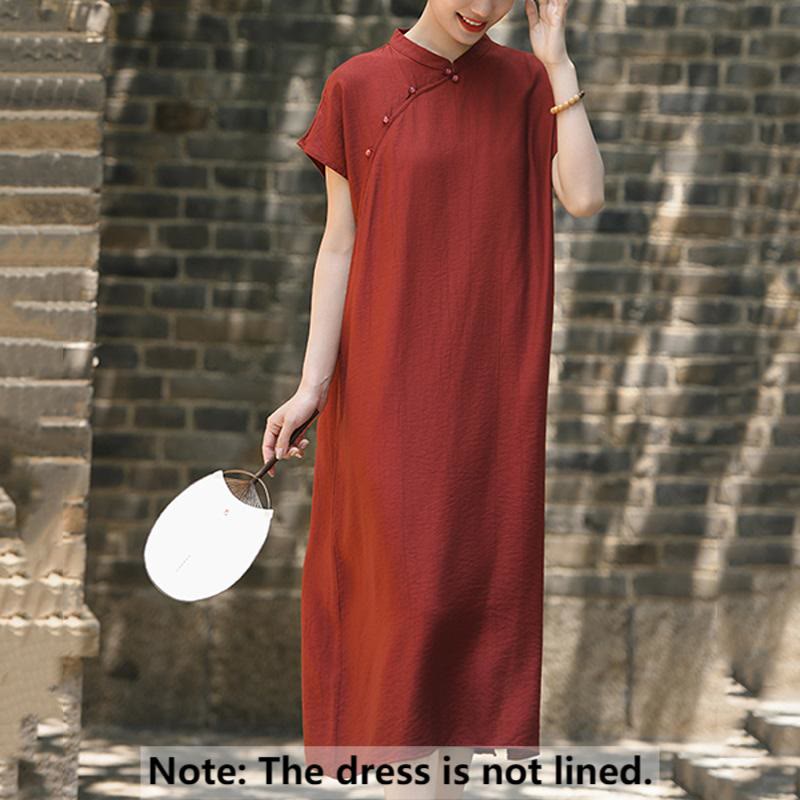 Buddha Stones Casual Plain Cheongsam Lace-Up Design Cotton Linen Short Sleeve Midi Dress - image 2