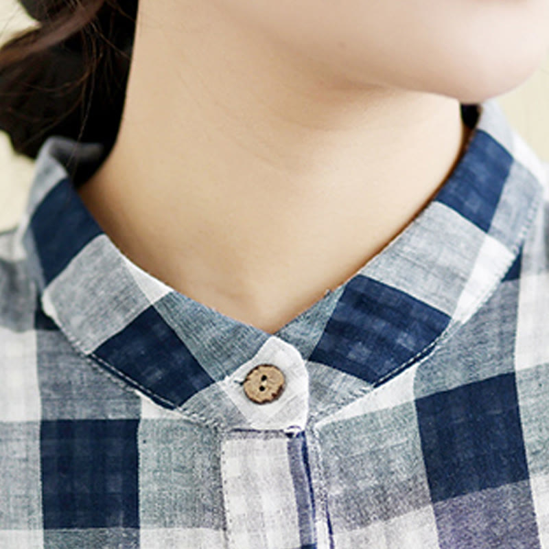 Buddha Stones Casual Plaid Pattern Half Sleeve Cotton Linen Midi Dress With Pockets - image 14