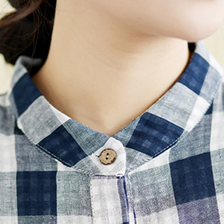 Buddha Stones Casual Plaid Pattern Half Sleeve Cotton Linen Midi Dress With Pockets - image 14