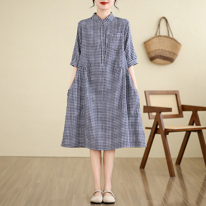Buddha Stones Plaid Pattern Half Sleeve Cotton Linen Midi Dress With Pockets - DarkBlue(Small grid) - US8-10，UK/AU12-14，EU40-42 (2XL) - image 4