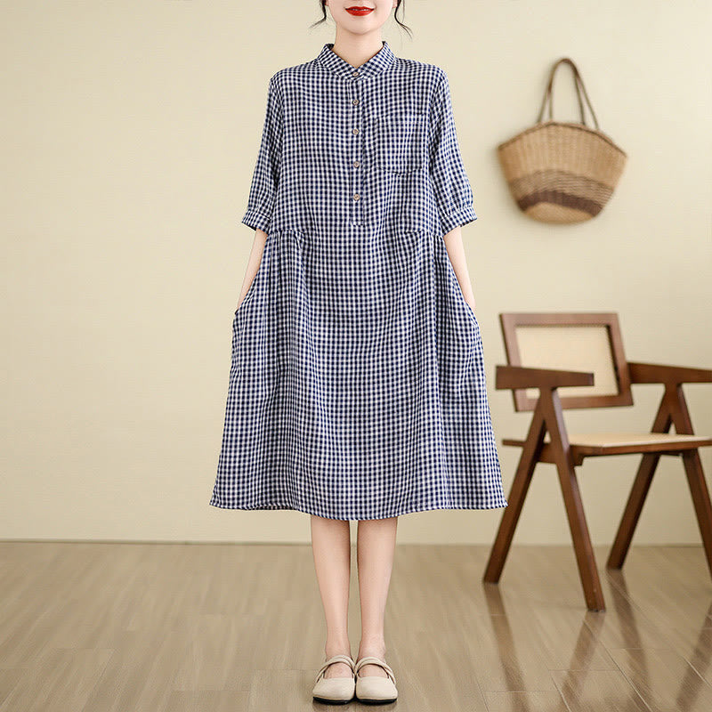 Buddha Stones Casual Plaid Pattern Half Sleeve Cotton Linen Midi Dress With Pockets - DarkBlue(Small grid) - US8-10，UK/AU12-14，EU40-42 (2XL) - image 4