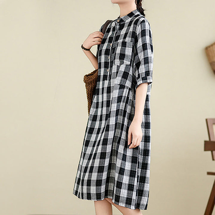 Buddha Stones Casual Plaid Pattern Half Sleeve Cotton Linen Midi Dress With Pockets - image 13