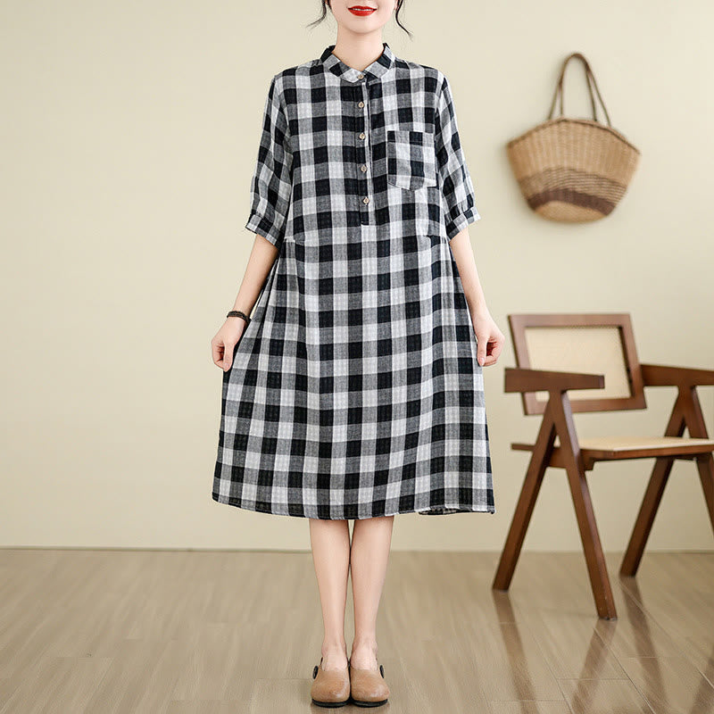 Buddha Stones Casual Plaid Pattern Half Sleeve Cotton Linen Midi Dress With Pockets - Black(large grid) - US8-10，UK/AU12-14，EU40-42 (2XL) - image 8