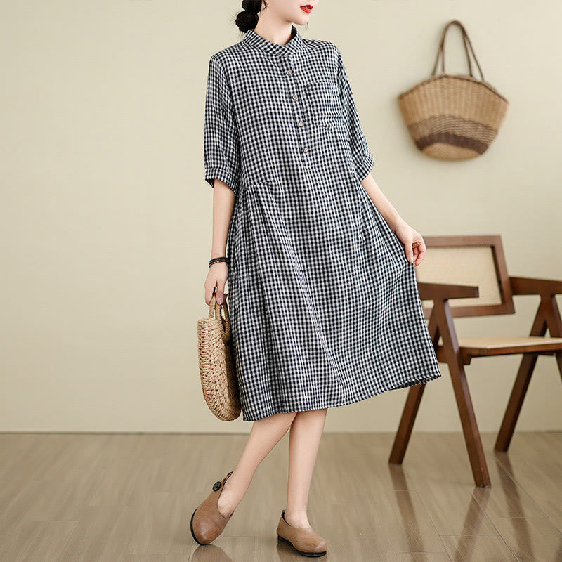 Buddha Stones Plaid Pattern Half Sleeve Cotton Linen Midi Dress With Pockets - Black(Small grid) - US8-10，UK/AU12-14，EU40-42 (2XL) - image 0