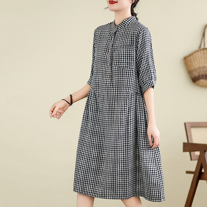 Buddha Stones Plaid Pattern Half Sleeve Cotton Linen Midi Dress With Pockets - image 3