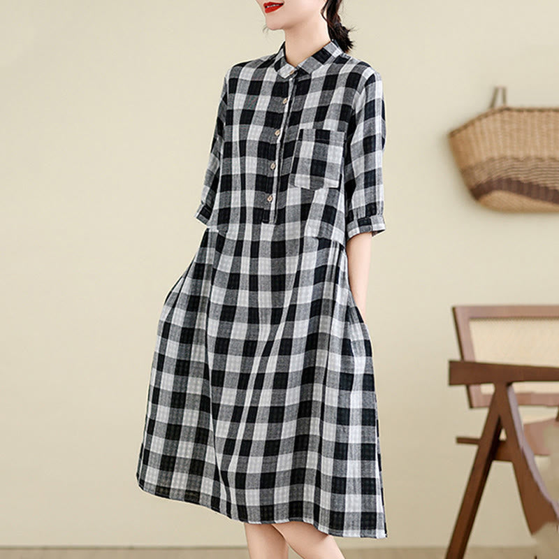 Buddha Stones Casual Plaid Pattern Half Sleeve Cotton Linen Midi Dress With Pockets - image 12