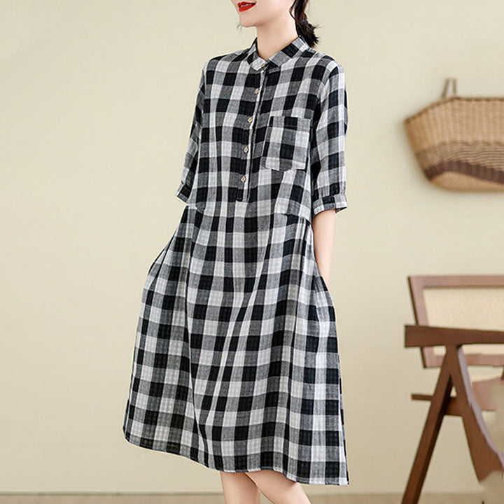 Buddha Stones Plaid Pattern Half Sleeve Cotton Linen Midi Dress With Pockets - image 11