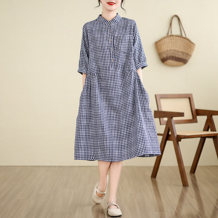 Buddha Stones Casual Plaid Pattern Half Sleeve Cotton Linen Midi Dress With Pockets - image 6