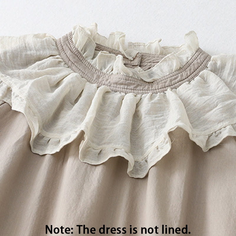 Buddha Stones Casual Ruffled Lace Patchwork Design Puff Sleeve Cotton Midi Dress With Pockets - image 18