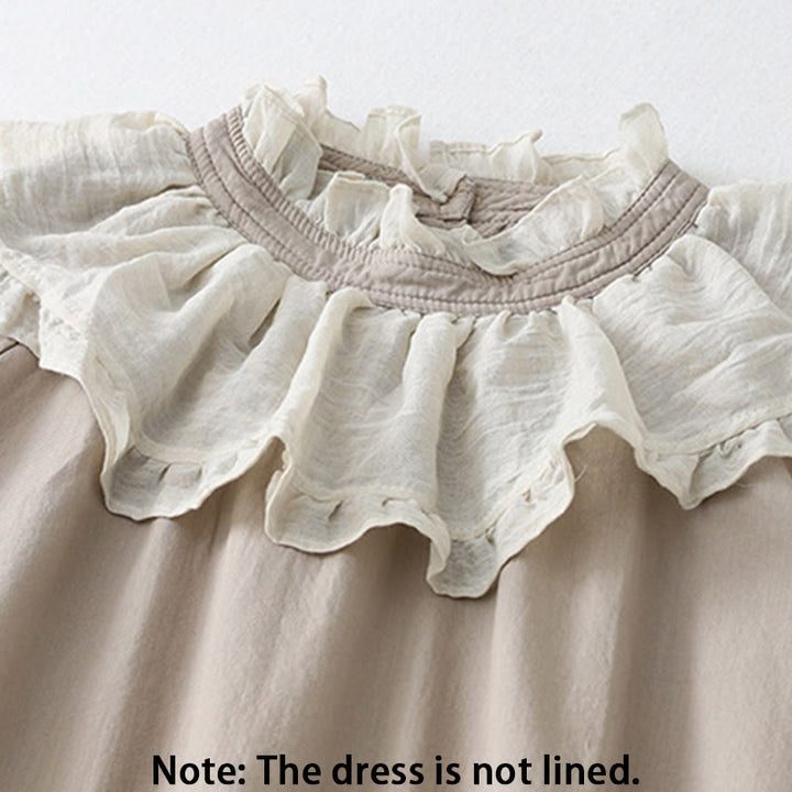 Buddha Stones Casual Ruffled Lace Patchwork Design Puff Sleeve Cotton Midi Dress With Pockets - image 18