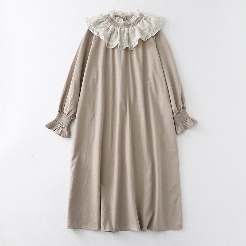 Buddha Stones Ruffled Lace Patchwork Design Puff Long Sleeve Cotton Midi Dress With Pockets - Linen - US12，UK/AU16，EU44 (2XL) - image 17