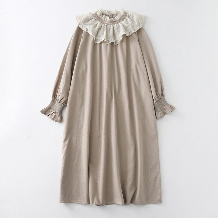 Buddha Stones Ruffled Lace Patchwork Design Puff Long Sleeve Cotton Midi Dress With Pockets - Linen - US12，UK/AU16，EU44 (2XL) - image 17