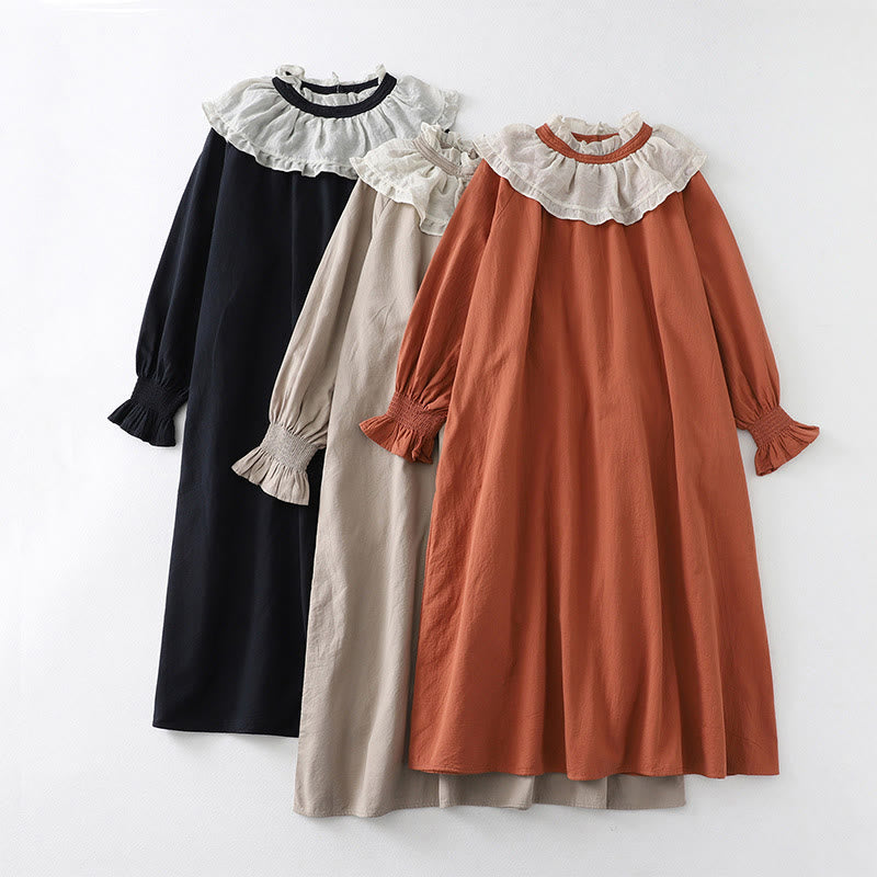 Buddha Stones Ruffled Lace Patchwork Design Puff Long Sleeve Cotton Midi Dress With Pockets - image 23