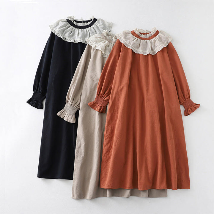 Buddha Stones Ruffled Lace Patchwork Design Puff Long Sleeve Cotton Midi Dress With Pockets - image 23