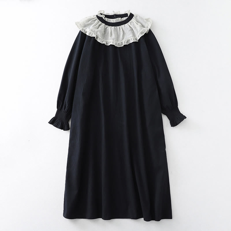 Buddha Stones Ruffled Lace Patchwork Design Puff Long Sleeve Cotton Midi Dress With Pockets - Black - US12，UK/AU16，EU44 (2XL) - image 11