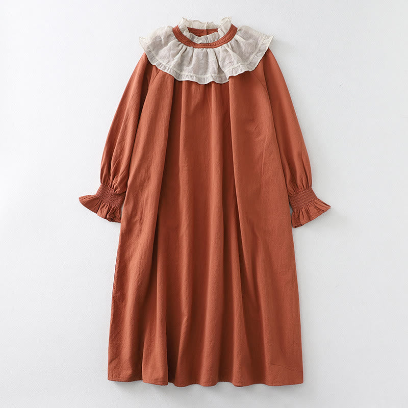 Buddha Stones Ruffled Lace Patchwork Design Puff Long Sleeve Cotton Midi Dress With Pockets - Chocolate - US12，UK/AU16，EU44 (2XL) - image 1