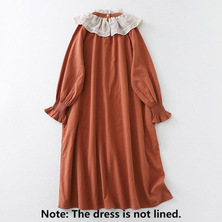 Buddha Stones Casual Ruffled Lace Patchwork Design Puff Sleeve Cotton Midi Dress With Pockets - image 2