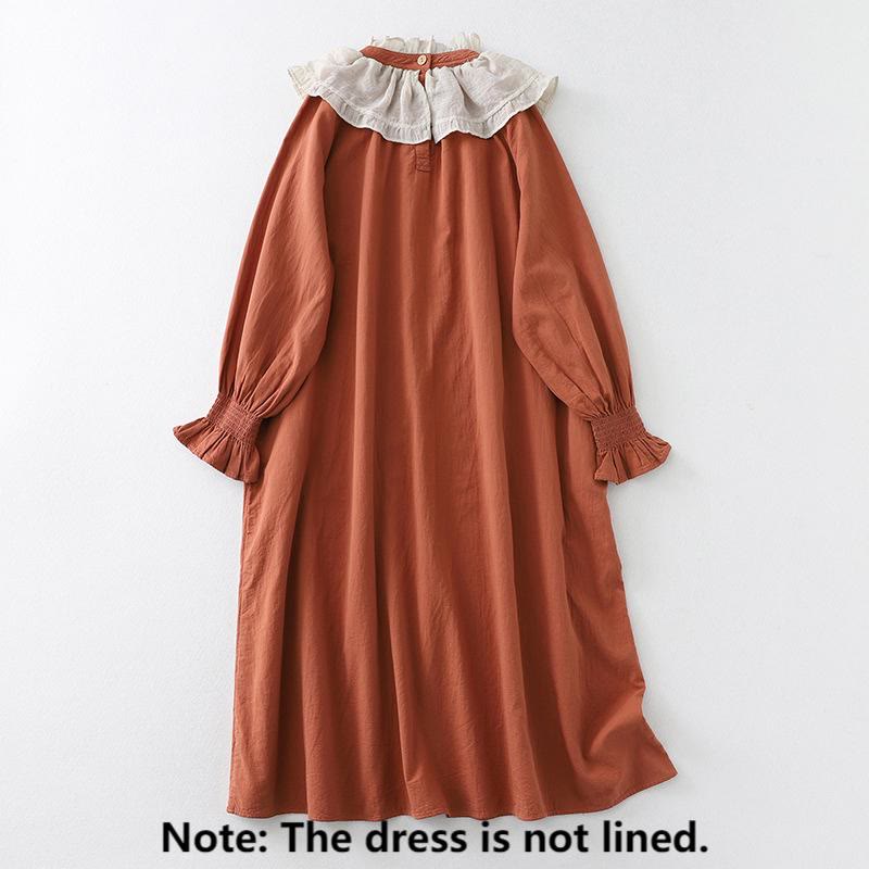 Buddha Stones Ruffled Lace Patchwork Design Puff Long Sleeve Cotton Midi Dress With Pockets - image 2