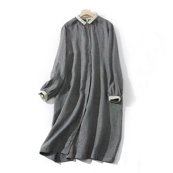 Buddha Stones Commute Retro DimGray Plaid Lantern Sleeve Cotton Linen Midi Dress With Pockets - DimGray - US8-10，UK/AU12-14，EU40-42 (2XL) - image 1