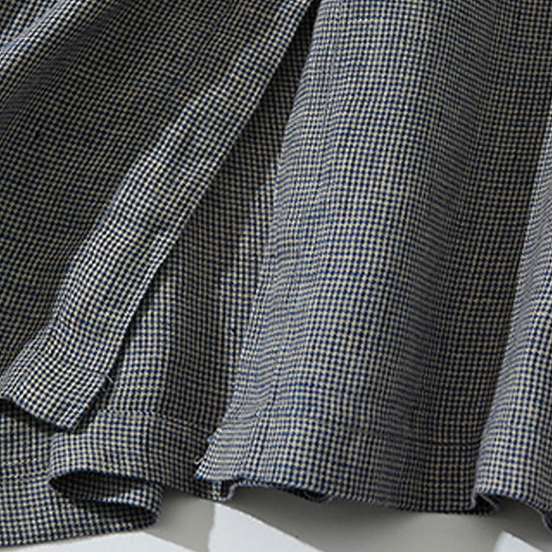 Buddha Stones Commute Retro DimGray Plaid Lantern Sleeve Cotton Linen Midi Dress With Pockets - image 9