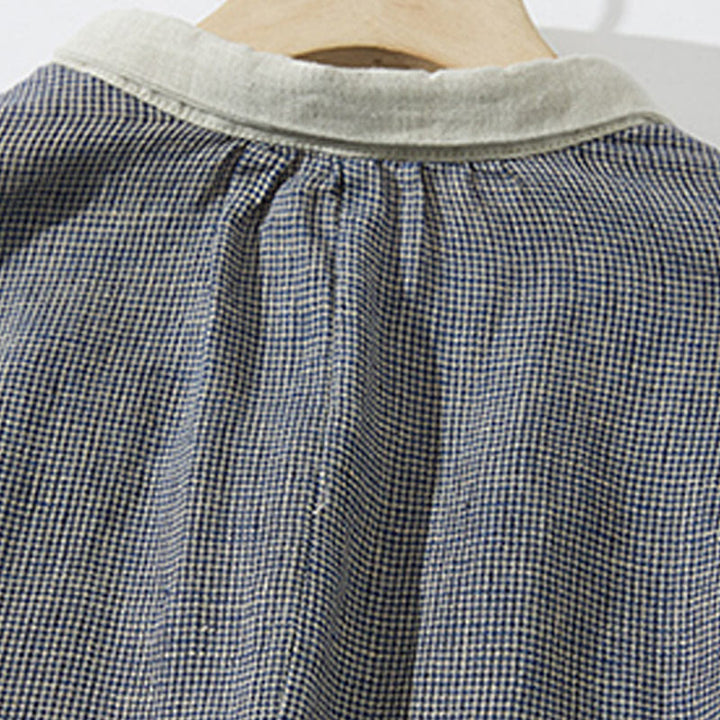 Buddha Stones Commute DimGray Plaid Lantern Long Sleeve Cotton Linen Midi Dress With Pockets - image 3