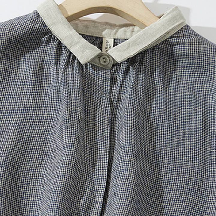 Buddha Stones Commute DimGray Plaid Lantern Long Sleeve Cotton Linen Midi Dress With Pockets - image 2