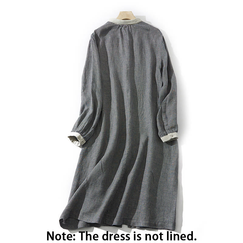 Buddha Stones Commute Retro DimGray Plaid Lantern Sleeve Cotton Linen Midi Dress With Pockets - image 2