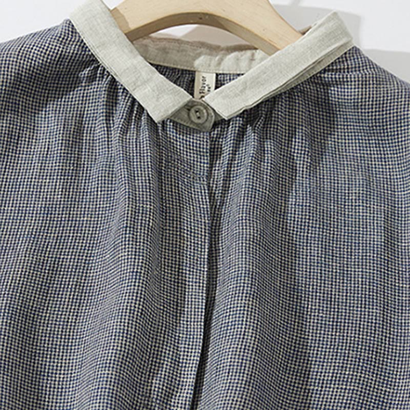 Buddha Stones Commute Retro DimGray Plaid Lantern Sleeve Cotton Linen Midi Dress With Pockets - image 3
