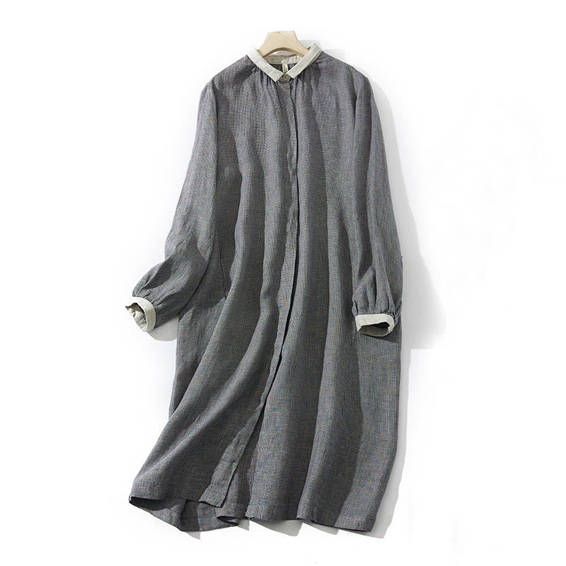 Buddha Stones Commute DimGray Plaid Lantern Long Sleeve Cotton Linen Midi Dress With Pockets - DimGray - US8-10，UK/AU12-14，EU40-42 (2XL) - image 1