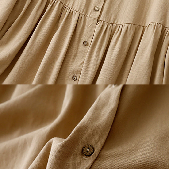 Buddha Stones Commute Long Sleeve Pure Color Button Design Lapel Cotton Midi Dress - image 6