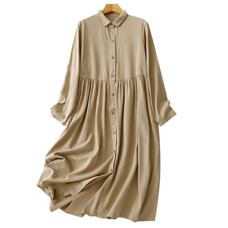 Buddha Stones Commute Long Sleeve Pure Color Button Design Lapel Cotton Midi Dress - image 8