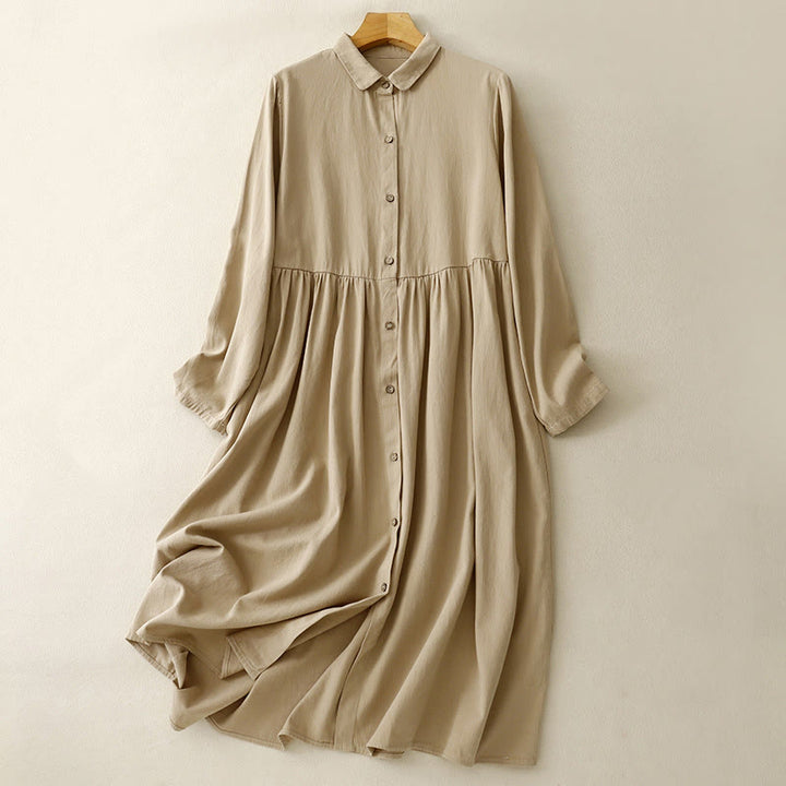 Buddha Stones Commute Long Sleeve Pure Color Button Design Lapel Cotton Midi Dress - PaleGoldenrod - US8-10，UK/AU12-14，EU40-42 (2XL) - image 1