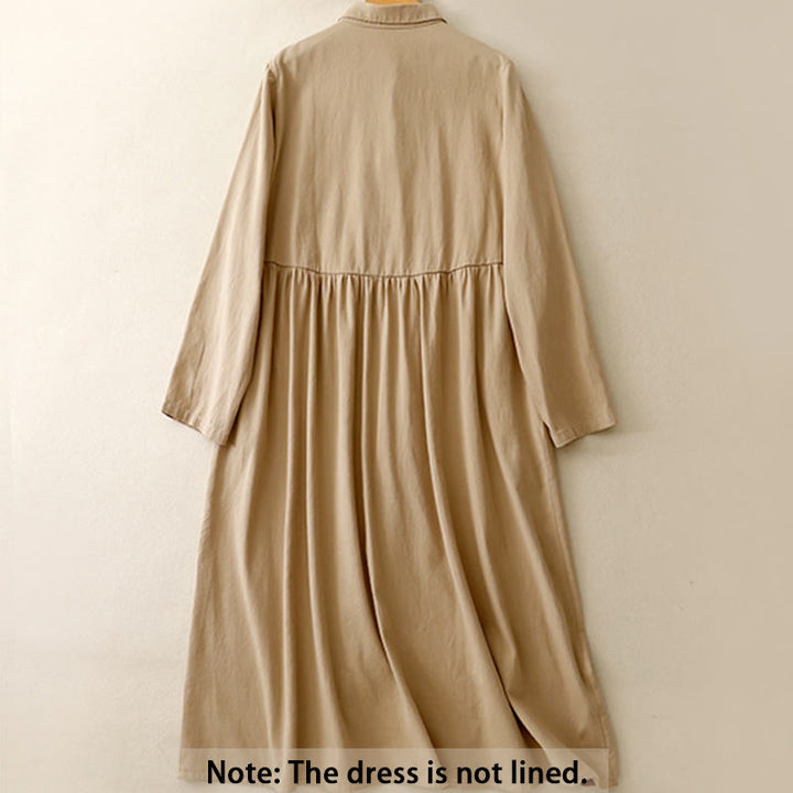 Buddha Stones Commute Long Sleeve Pure Color Button Design Lapel Cotton Midi Dress - image 2